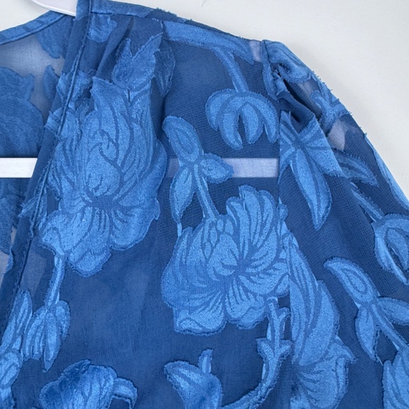 B-O-G COLLECTIVE Bright Blue Floral Semi Sheer Ruffles Top / Size Small - Picture 4 of 14